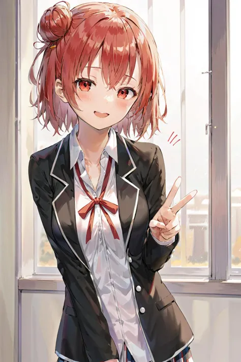 <lora:yui_xl_d3-000008:1>,yuigahama yui,red eyes,blazer,smile,hand up,left eye closed,indoors,portrait,upper body,v-sign,<lora:neg4all_bdsqlsz_xl_V7:0.8>,