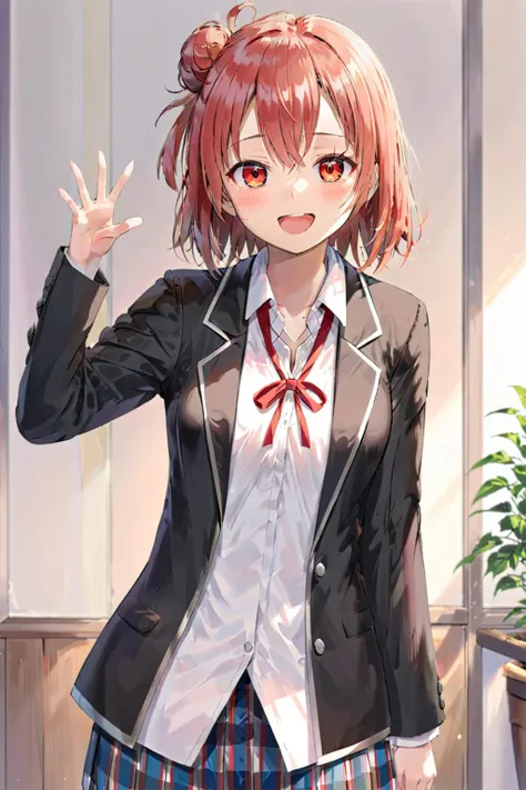 <lora:yui_xl_d3-000008:1>,yuigahama yui,red eyes,blazer,smile,indoors,hand up,