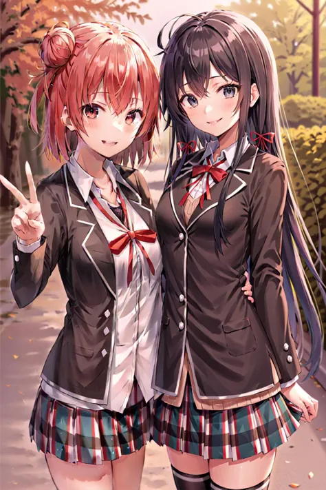 two girls,outside ADDCOMM
<lora:yui_xl_d3-000008:1>,yuigahama yui,red eyes,smile,v-sign ADDCOL
<lora:yukino_xl_long:0.8>,yukinoshita yukino,light smile,