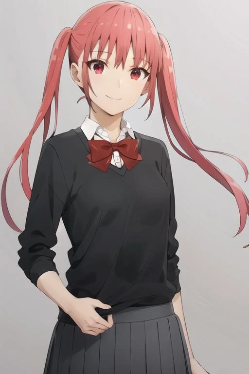 <lora:Remi:0.8> , pikkyremi, (red hair:1.1), long hair, twintails, bangs, red eyes, school uniform, bow, bowtie, skirt,
standing, small breasts, (upper body:1.1), breasts, smile,
(high quality:1.1), (high resolution:1.1), 4k, 1girl, detailed background, <lora:NoiseOffset_v2:1.0>