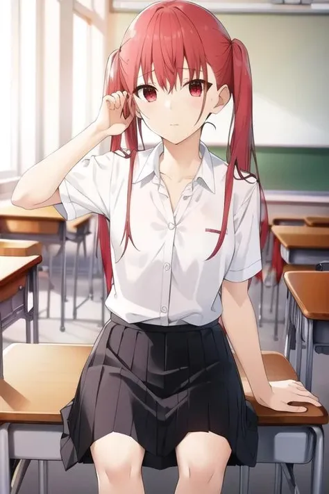 <lora:Remi:0.75> , pikkyremi, (red hair:1.1), long hair, twintails, bangs, red eyes, school uniform,black skirt, white shirt,
sitting, small breasts, (upper body:1.1), breasts, serene expression, on knees, close-up,holding hair, arm up,
(high quality:1.1), (high resolution:1.1), 4k, 1girl, classroom, school,<lora:NoiseOffset_v2:1.0>