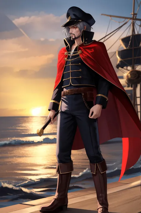 masterpiece, best quality, solo male, outdoors, power plant, <lora:zs_Victor:0.8> victords, facial hair, peaked cap, cape, red eyes, uniform, military, grey hair, scar, boots, outdoors, on a pirate ship, high seas, marine monster in background