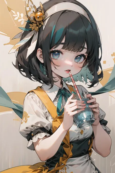 (masterpiece, best quality), intricate details, 8k, artstation, wallpaper, sharp focus, ca3,1girl, solo, black hair, short hair, blue eyes, bangs, ribbon, puffy short sleeves, looking at viewer, food, orange ribbon, blood, upper body, apron, bob cut, orange hairband, blue background, dress, parted lips, red lips, brown bow, neck ribbon, blunt bangs, holding cup, two-tone background, drinking straw, collared shirt, fix,good hands,cute,whole body,<lora:c3F:1>