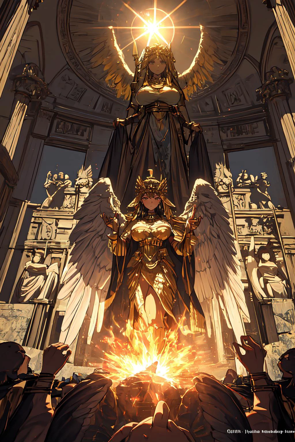 1girl, sun goddess, golden dress, golden armor, fire background, sun background, ancient egypt, elegant, empress, supreme, intricate, hdr, shining, bright, hair ornament, t-pose, looking at viewer, mature, mature female, milf, queen, large breasts, serious, athena, holy spirit, ra, angel, angel wings, divine judgement, salvation