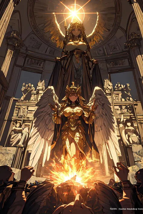 1girl, sun goddess, golden dress, golden armor, fire background, sun background, ancient egypt, elegant, empress, supreme, intricate, hdr, shining, bright, hair ornament, t-pose, looking at viewer, mature, mature female, milf, queen, large breasts, serious, athena, holy spirit, ra, angel, angel wings, divine judgement, salvation