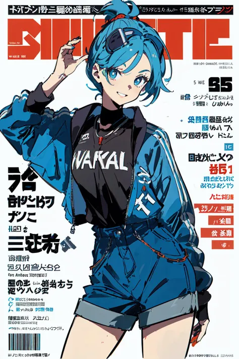 1girl, sfw, cap, shorts, jacket, (Magazine cover-style illustration of a fashionable woman in a vibrant outfit posing in front of a colorful and dynamic background. She has a confident expression and is striking a pose. The text on the cover should be bold and attention-grabbing, with the title of the magazine and a catchy headline. The overall style should be modern and trendy, with a focus on fashion and lifestyle), wallpaper, crowds, fashion, contrapposto, female focus, model, cool