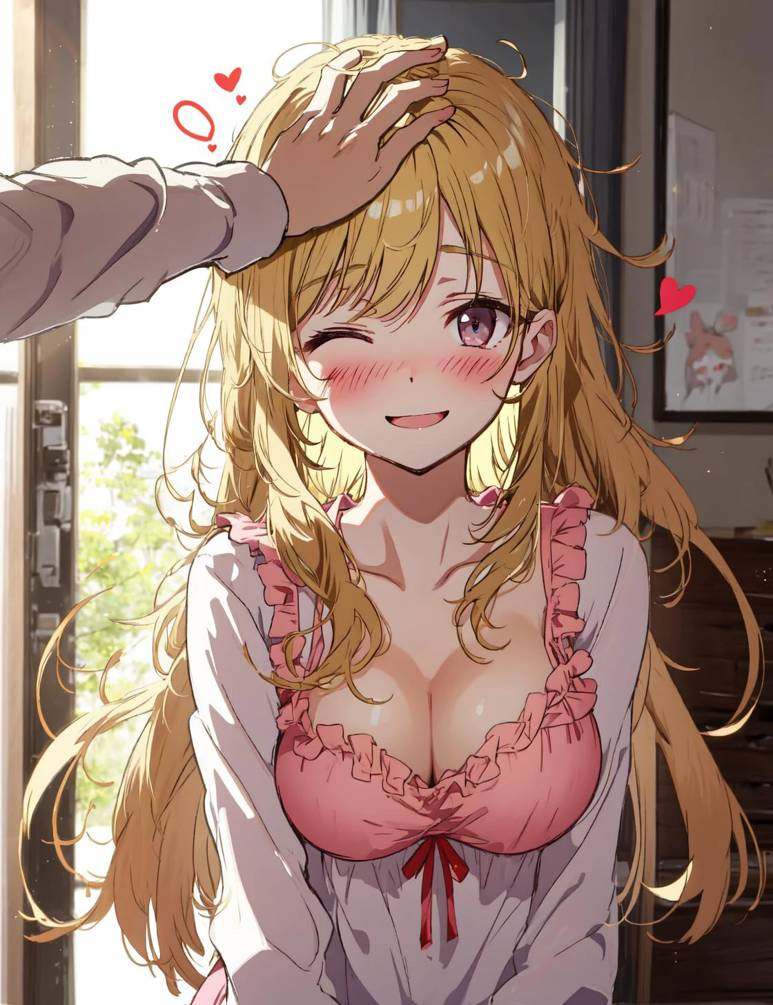 headpat, 1girl, ^_^. one eye closed, happy, blonde, breasts, cleavage, cute, looking at viewer, blush