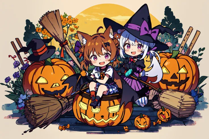 best quality, masterpiece, extremely detailed, detailed background, best quality, masterpiece, extremely detailed, detailed background, 1girl, candy, purple eyes, hair ornament, gloves, multiple boys, halloween, flower, holding food, black gloves, long hair, holding, ghost, blonde hair, animal ears, brown hair, dress, black cat, orange background, blue hair, short sleeves, jack-o'-lantern, ghost costume, puffy short sleeves, halloween costume, chibi, puffy sleeves, bow, striped, red hair, witch hat, skirt, wings, broom, rose, hat, looking at viewer, bangs, red eyes, striped skirt, jewelry, holding candy, hair bow, broom riding, choker, cat, blush, holding vegetable, hair flower, frills, wolf ears, rabbit ears, heart, earrings, holding lollipop, halloween bucket, swirl lollipop, purple flower, white skirt, 4girls, hair rings, smile, open mouth, ahoge, cape, cross, closed eyes, double bun, pumpkin, black choker, twintails, black flower, shirt, simple background, vertical stripes, very long hair, wolf tail, collar, vertical-striped skirt