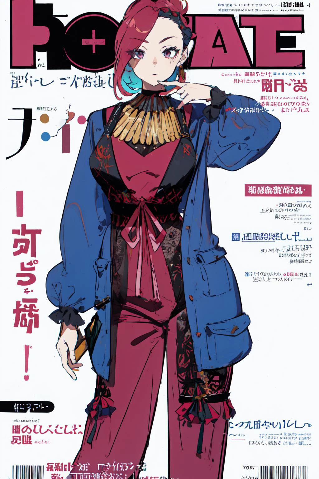 customoutfit18, fbodynet, 1girl, (Magazine cover-style illustration of a fashionable woman in a vibrant outfit), posing in front of a colorful and dynamic background. She has a confident expression and is holding a statement accessory, The text on the cover should be bold and attention-grabbing, with the title of the magazine and a catchy headline. The overall style should be modern and trendy, with a focus on fashion and lifestyle), wall paper,crowds,fashion, looking at viewer, glossy skin, contrapposto, female focus, model, cool