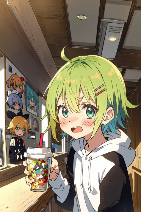detailed background, masterpiece, best quality, 1girl, holding disposable cup, cute face Kawaii. BREAK In the style of Ken Sugimori, solo, horns, green hair, open mouth, virtual youtuber, multicolored hair, blue eyes, blonde hair, hoodie, hood up, chibi, black capelet, simple background, hairclip, bangs, two-tone hair, hair between eyes, portrait, blush, upper body, looking at viewer, shirt, (shy:1.3)  <lora:Beautiful Detailed Eyes [5693]:0.3>