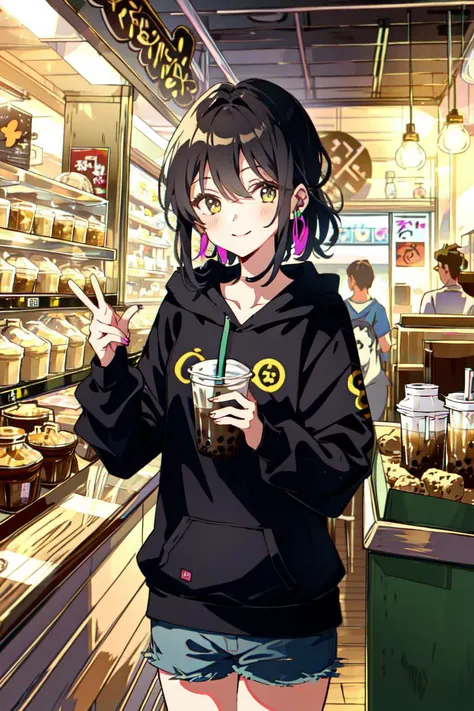 masterpiece, best quality, 1girl, drinking bubble tea, smile, v, peace sign, holding cup, wearing a hoodie, winter clothes