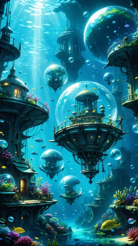A fantastical underwater metropolis crafted from living, luminescent bubbles, each sphere containing a unique aquatic habitat with its own vibrant ecosystem,, Dreamyvibes Artstyle, astical, Space-Station, Automotive, Concept Art, Digital Painting, Character Design, Character modeling, Painting, HDR, Trending on Artstation, Behance, Pinterest, Award Winning <lora:Neon_Style_XL:0.7> <lora:Dreamyvibes artstyle SDXL - Trigger with dreamyvibes artstyle:0.7> <lora:xl_more_art-full_v1:0.4>