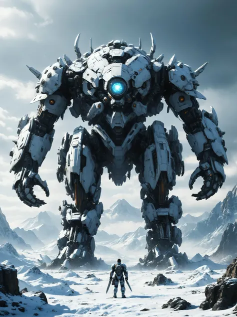 concept art <lora:TeslaPunkAIv2:0.7> 3d1s0npunkai colossus Bipedal mech with sleek, armored design, Tundra stretching to icy horizon in the background, Overcast Light <lora:xl_more_art-full_v1:0.3>,  <lora:SDXLFaeTastic2400:0.3> , <lora:MJ52:0.3> <lora:Colossus_XL:0.7> . digital artwork, illustrative, painterly, matte painting, highly detailed