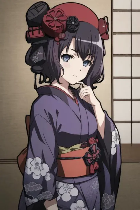 masterpiece, best quality, highres, absurdres, novel illustration, promotional art, (katsushika hokusai \(fate\):1.2), (black hair, blue eyes:1.2), (purple kimono:1.2), (ink:1.4), solo, <lora:Hyakka Ryouran Samurai Girls-000018:0.8>, hyakka ryouran samurai girls,