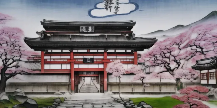 masterpiece, best quality, highres, absurdres, novel illustration, promotional art, (japanese painting:1.5), (outdoors, east asian architecture, cherry blossoms, cloud:1.2), <lora:Hyakka Ryouran Samurai Girls-000018:1.0>, hyakka ryouran samurai girls, (solo, 1girl:1.2), (red eyes:1.2), black hair, long hair,