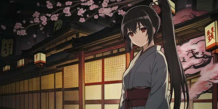 masterpiece, best quality, highres, absurdres, novel illustration, promotional art, (japanese painting:1.5), (outdoors, east asian architecture, cherry blossoms, paper lantern:1.2), starry sky, <lora:Hyakka Ryouran Samurai Girls-000018:1.0>, hyakka ryouran samurai girls, solo,1girl, (red eyes:1.2), black hair, long hair,
