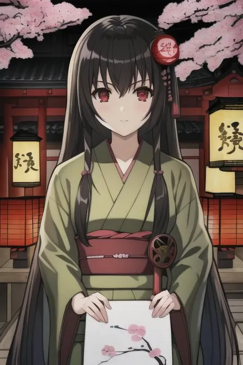 masterpiece, best quality, highres, absurdres, novel illustration, promotional art, (japanese painting:1.5), (outdoors, east asian architecture, cherry blossoms, paper lantern:1.2), <lora:Hyakka Ryouran Samurai Girls-000018:0.8>, hyakka ryouran samurai girls, solo,1girl, (red eyes:1.2), black hair, long hair, oil-paper umbrella, mask on head,