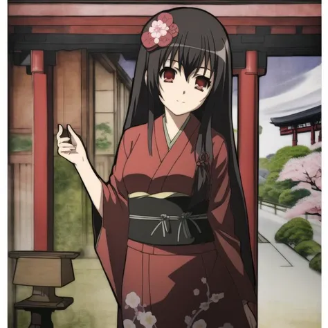 masterpiece, best quality, highres, absurdres, novel illustration, promotional art, <lora:Hyakka Ryouran Samurai Girls-000018:1.0>, hyakka ryouran samurai girls, (solo, 1girl:1.2), (red eyes:1.2), black hair, long hair, kimono, standing, sash, kanzashi, (cowboy shot:1.2), (japanese painting:1.5), (outdoors, east asian architecture, cherry blossoms, cloud:1.2),