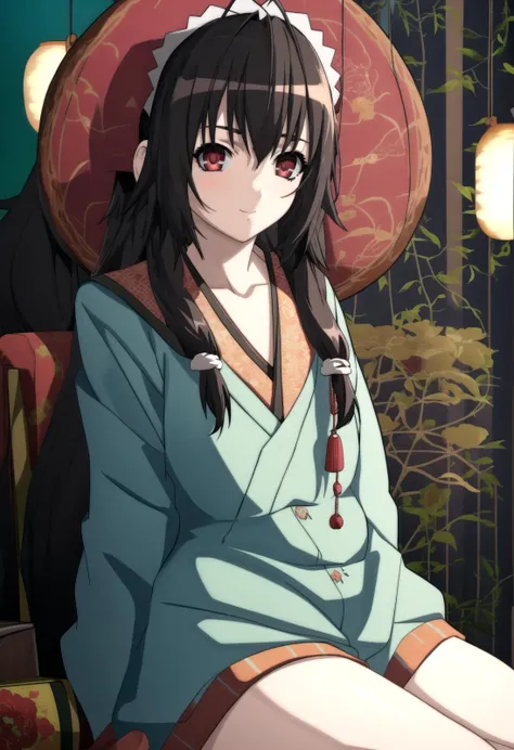 (highres, absurdres, best quality, masterpiece, extremely detailed:1.0), ((((a bunch of object hanging from it's sides)))), ((((abstract background)))), 1girl, looking at viewer, red eyes, black hair, very long hair, ((cowboy shot)), kimono, floral print, sitting, bare legs, socks <lora:Hyakka Ryouran Samurai Girls Style:1>