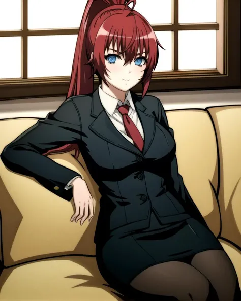 (highres, absurdres, best quality, masterpiece, extremely detailed:1.0), 1girl, looking at viewer, sitting, office lady, red hair, blue eyes, ponytail, pantyhose, pencil skirt, <lora:Hyakka Ryouran Samurai Girls Style:1>