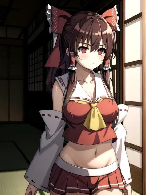 (masterpiece:1.2), (best quality:1.2), 1girl, (hakurei reimu), ((red eyes)), ((east asian architecture)), <lora:Hyakka Ryouran Samurai Girls Style:0.7>