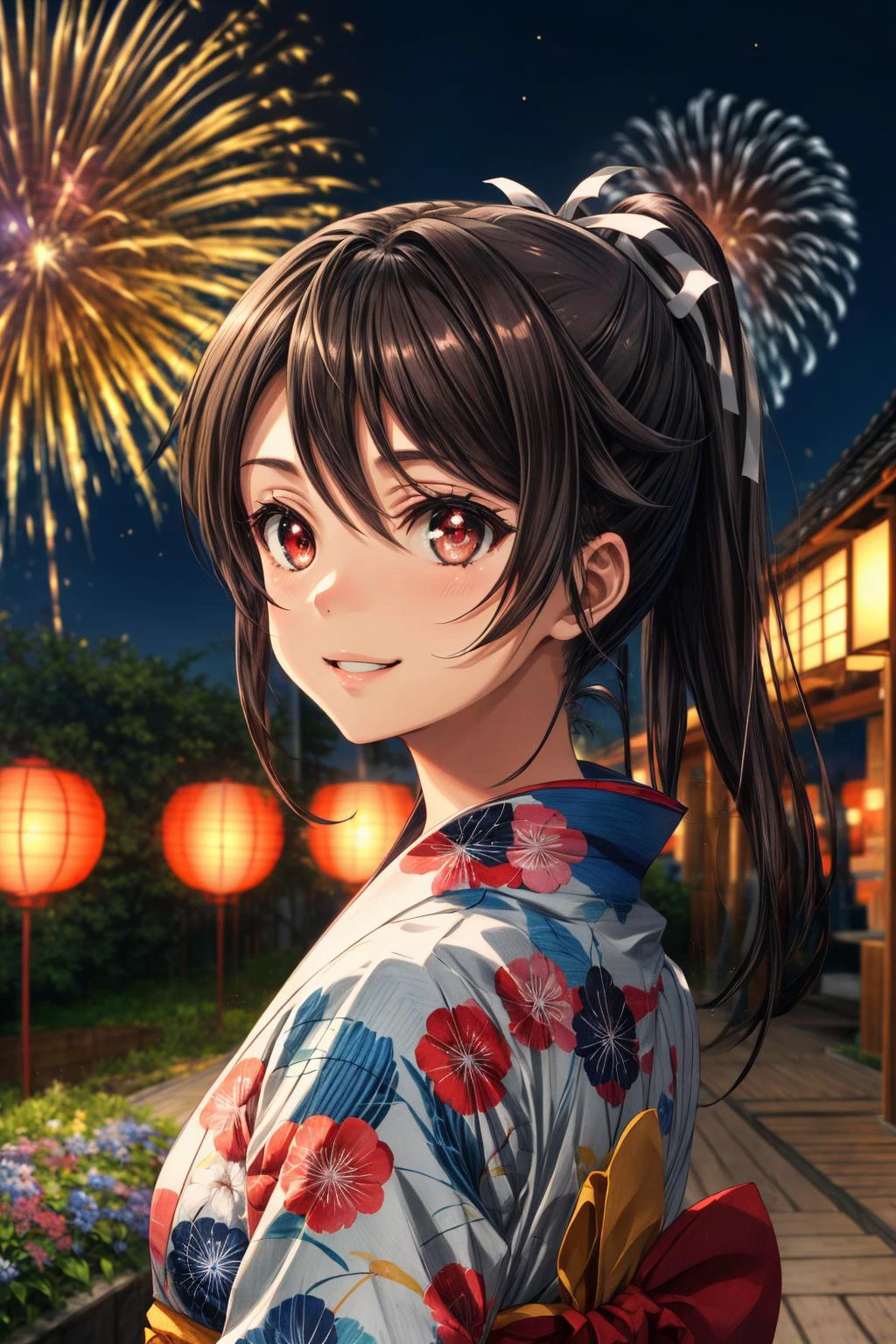 (masterpiece), best quality, (((ultra detailed, 8k quality))), expressive eyes, perfect face, perfect anatomy, perfect body, scene, <lora:scene_:0.7>, <lora:more_details:0.7>, <lora:beautiful_detailed_eyes:0.5>, <lora:GoodHands-beta2:0.7>, <lora:give_it_a_name:0.7>,
<lora:HighSchoolFleet_MunetaniMashiro_1:1>, MunetaniMashiro, 1girl, closed mouth, light smile, brown hair, red eyes, ponytail, hair ribbon, white ribbon, garden, flower field,
, smile, japanese clothes, floral print,, yukata,brown eyes, brown hair , smile ,parted lips, firework, japanese festival