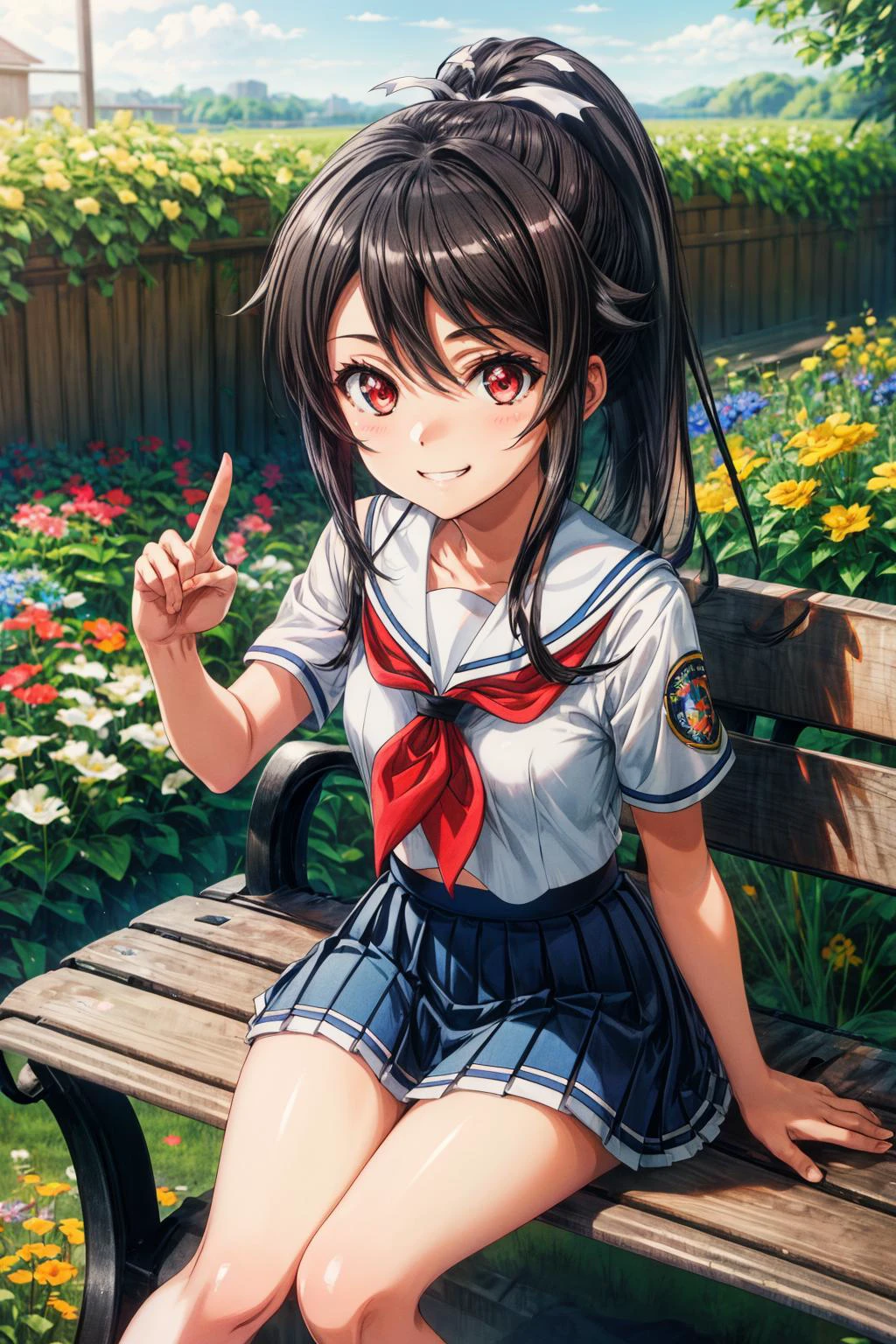 (masterpiece), best quality, (((ultra detailed, 8k quality))), expressive eyes, perfect face, perfect anatomy, perfect body, scene, <lora:scene_:0.7>, <lora:more_details:0.7>, <lora:beautiful_detailed_eyes:0.5>, <lora:GoodHands-beta2:0.7>, <lora:give_it_a_name:0.7>,
<lora:HighSchoolFleet_MunetaniMashiro_1:1>, MunetaniMashiro, 1girl, closed mouth, light smile, brown hair, red eyes, ponytail, hair ribbon, white ribbon, serafuku, white shirt, aiguillette, red neckerchief, blue skirt, short sleeves, bare shoulders, grin, peace sign, close portrait ,garden, flower field, sitting, outdoors, bench, smile
