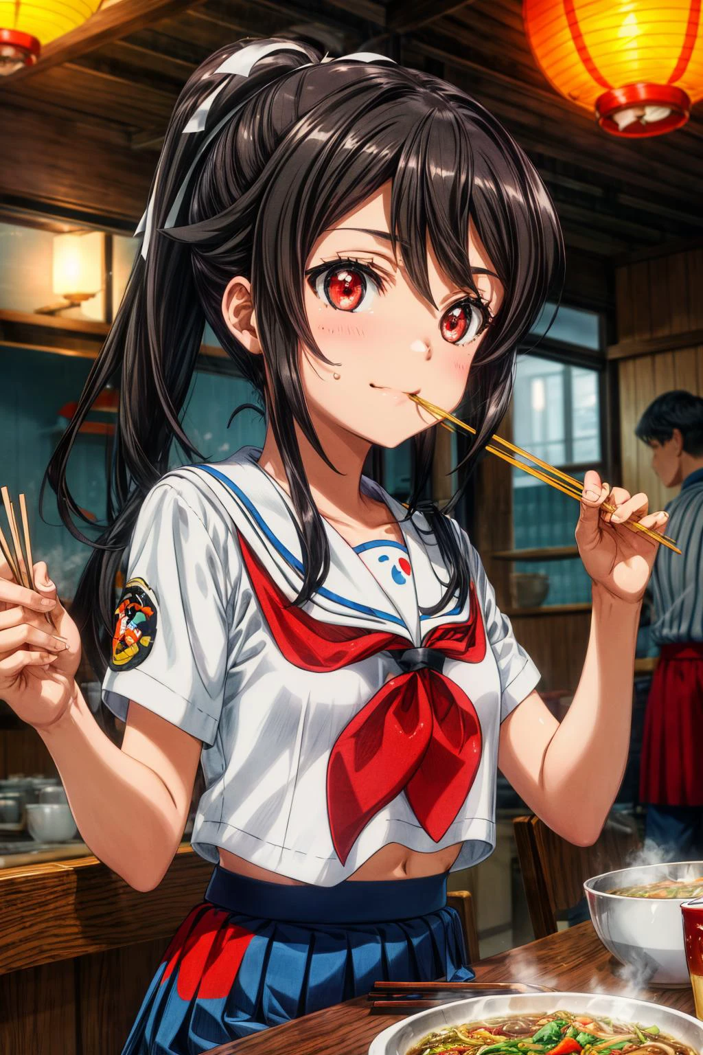 (masterpiece), best quality, (((ultra detailed, 8k quality))), expressive eyes, perfect face, perfect anatomy, perfect body, scene, <lora:scene_:0.7>, <lora:more_details:0.7>, <lora:beautiful_detailed_eyes:0.5>, <lora:GoodHands-beta2:0.7>, <lora:give_it_a_name:0.7>,
<lora:HighSchoolFleet_MunetaniMashiro_1:1>, MunetaniMashiro, 1girl, closed mouth, light smile, brown hair, red eyes, ponytail, hair ribbon, white ribbon, serafuku, white shirt, aiguillette, red neckerchief, blue skirt, short sleeves, bare shoulders, bottle, bowl, chopsticks, cup, drinking glass, dumpling, eating, food, food stand, holding, holding chopsticks, lantern, long sleeves, meat, noodles, paper lantern, pasta, plate, ramen, restaurant, short hair, sitting, skewer, soup, steam, table, tray