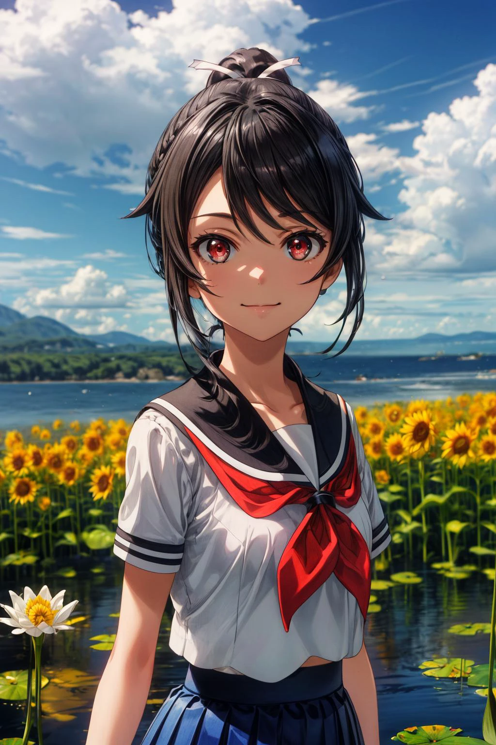 (masterpiece), best quality, (((ultra detailed, 8k quality))), expressive eyes, perfect face, perfect anatomy, perfect body, scene, <lora:scene_:0.7>, <lora:more_details:0.7>, <lora:beautiful_detailed_eyes:0.5>, <lora:GoodHands-beta2:0.7>, <lora:give_it_a_name:0.7>,
<lora:HighSchoolFleet_MunetaniMashiro_1:1>, MunetaniMashiro, 1girl, closed mouth, light smile, brown hair, red eyes, ponytail, hair ribbon, white ribbon, serafuku, white shirt, aiguillette, red neckerchief, blue skirt, short sleeves, bare shoulders, cloudy sky, daisy, dandelion, day, dress, field, flower, flower field, garden, hair bow, hair ribbon, holding flower, horizon, lily \(flower\), lily pad, looking at viewer, lotus, mountain, ocean, outdoors, sky, smile, solo, sunflower, tulip, white flower, yellow flower