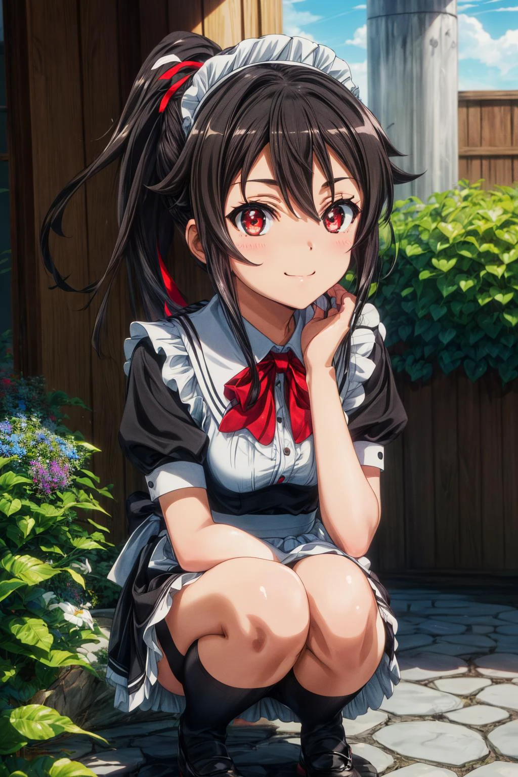 (masterpiece), best quality, (((ultra detailed, 8k quality))), expressive eyes, perfect face, perfect anatomy, perfect body, scene, <lora:scene_:0.7>, <lora:more_details:0.7>, <lora:beautiful_detailed_eyes:0.5>, <lora:GoodHands-beta2:0.7>, <lora:give_it_a_name:0.7>,
<lora:HighSchoolFleet_MunetaniMashiro_1:1>, MunetaniMashiro, 1girl, closed mouth, light smile, brown hair, red eyes, ponytail, hair ribbon, maid, maid headdress, skirt hold, garden, smile, squat