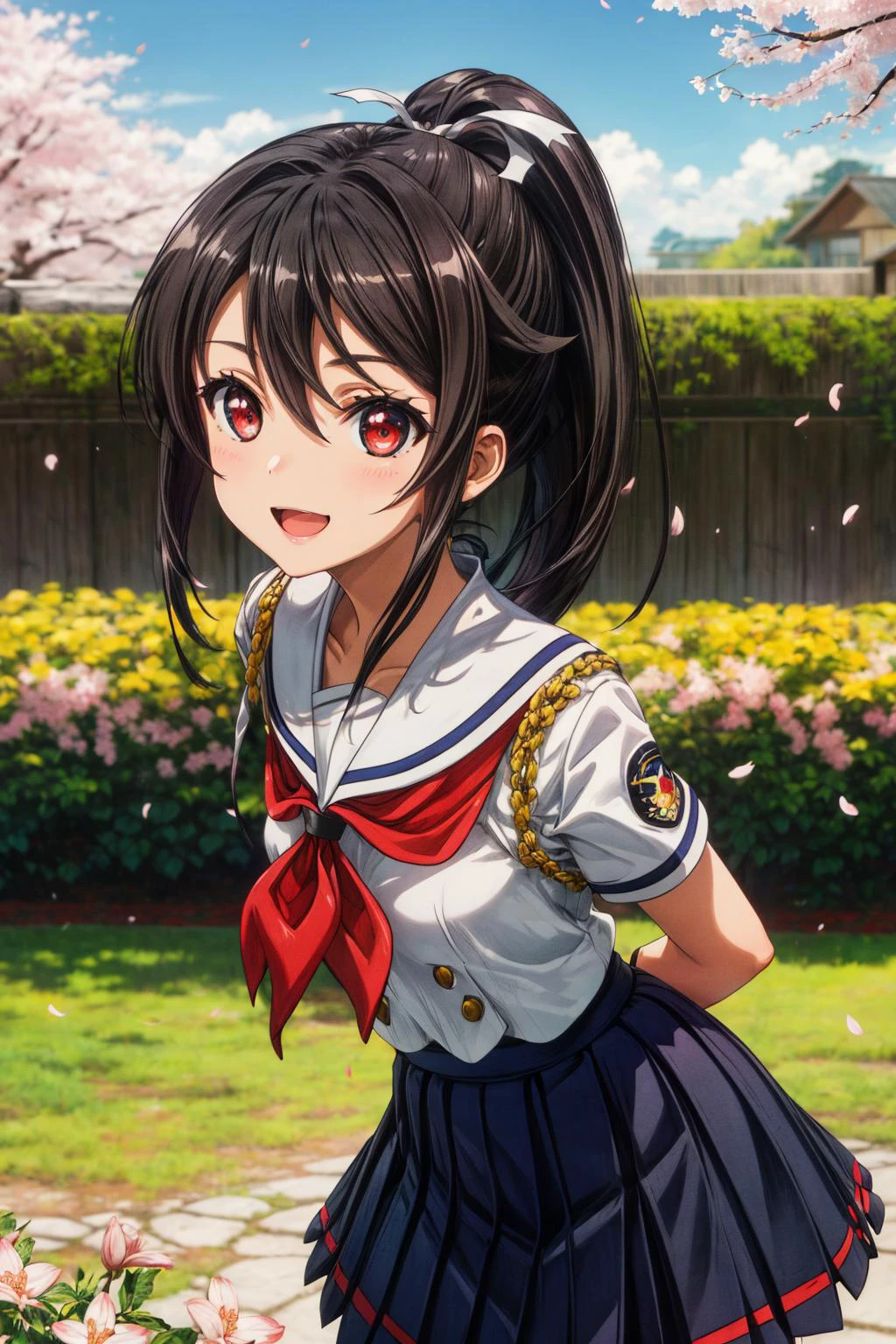(masterpiece), best quality, (((ultra detailed, 8k quality))), expressive eyes, perfect face, perfect anatomy, perfect body, scene, <lora:scene_:0.7>, <lora:more_details:0.7>, <lora:beautiful_detailed_eyes:0.5>, <lora:GoodHands-beta2:0.7>, <lora:give_it_a_name:0.7>,
<lora:HighSchoolFleet_MunetaniMashiro_1:1>, MunetaniMashiro, 1girl, closed mouth, light smile, brown hair, red eyes, ponytail, hair ribbon, white ribbon, garden, flower field, serafuku, white shirt, aiguillette, red neckerchief, blue skirt, short sleeves
,arms behind back, leaning forward, standing, outdoors, smile, open mouth, cherry blossoms,