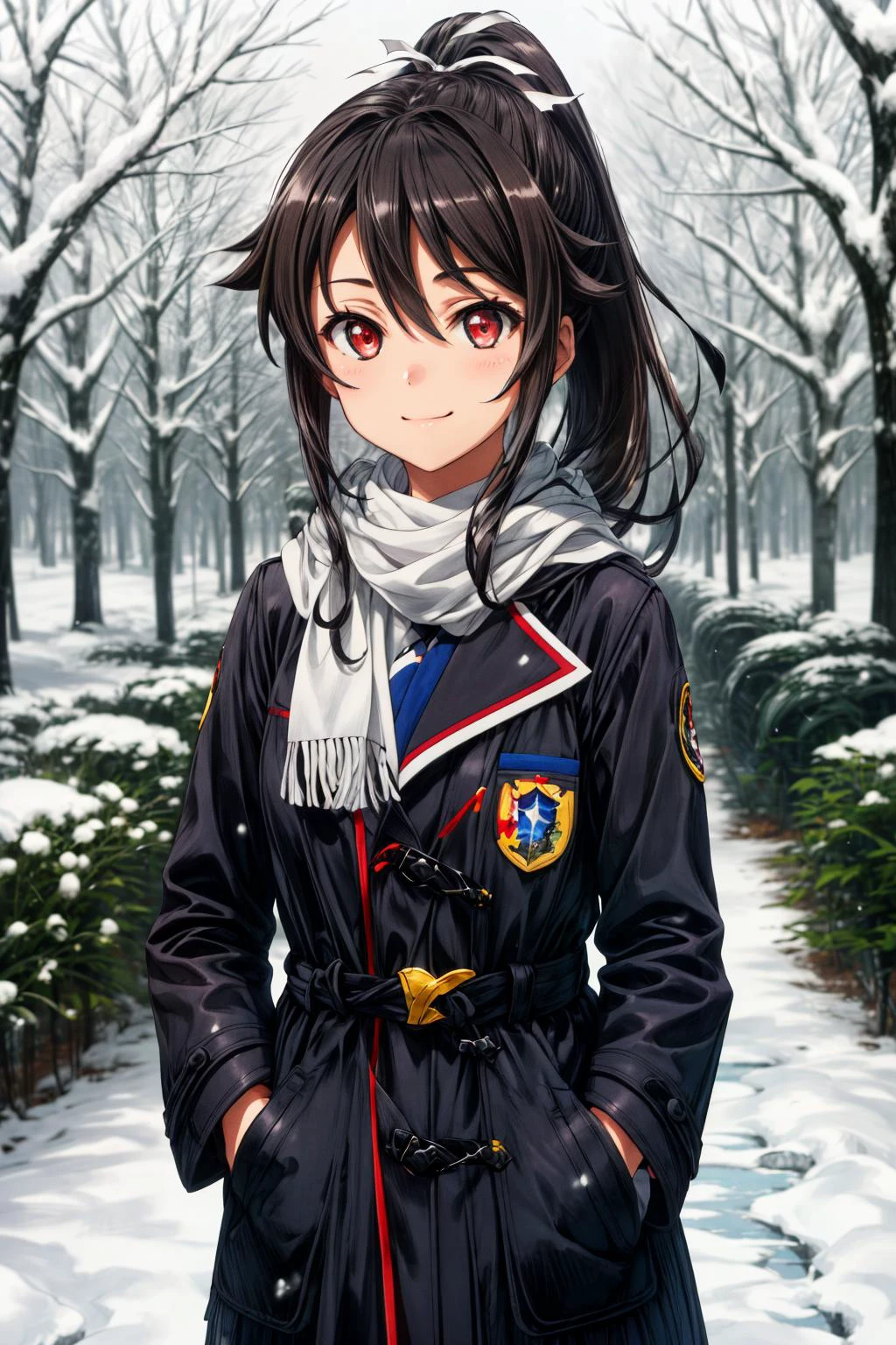 (masterpiece), best quality, (((ultra detailed, 8k quality))), expressive eyes, perfect face, perfect anatomy, perfect body, scene, <lora:scene_:0.7>, <lora:more_details:0.7>, <lora:beautiful_detailed_eyes:0.5>, <lora:GoodHands-beta2:0.7>, <lora:give_it_a_name:0.7>,
<lora:HighSchoolFleet_MunetaniMashiro_1:1>, MunetaniMashiro, 1girl, closed mouth, light smile, brown hair, red eyes, ponytail, hair ribbon, white ribbon, garden, flower field,
, forest, snowing, 1girl, solo, standing, looking at the viewer, closed mouth, smile, purple coat, hat, white scarf, hand on pocket