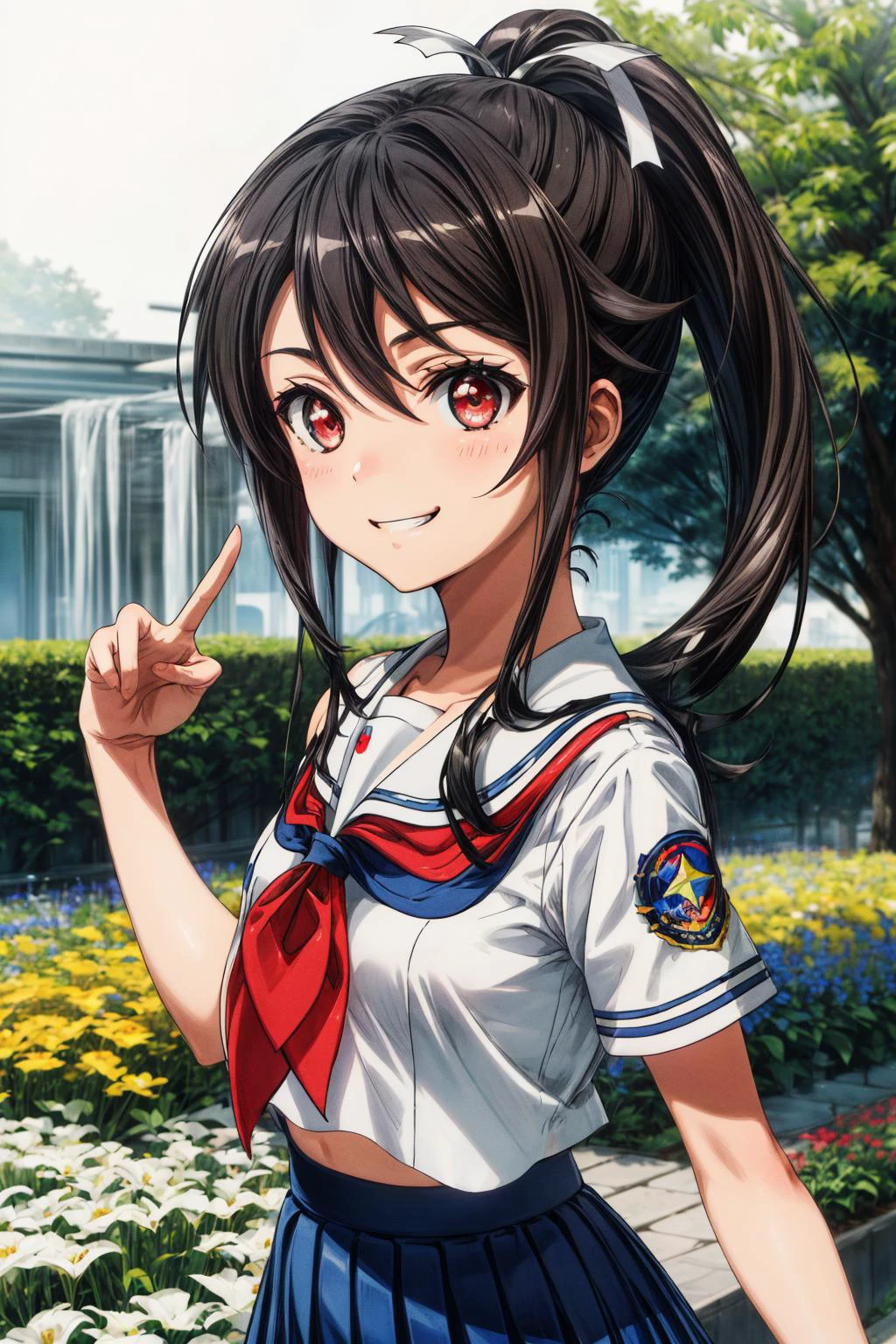 (masterpiece), best quality, (((ultra detailed, 8k quality))), expressive eyes, perfect face, perfect anatomy, perfect body, scene, <lora:scene_:0.7>, <lora:more_details:0.7>, <lora:beautiful_detailed_eyes:0.5>, <lora:GoodHands-beta2:0.7>, <lora:give_it_a_name:0.7>,
<lora:HighSchoolFleet_MunetaniMashiro_1:1>, MunetaniMashiro, 1girl, closed mouth, light smile, brown hair, red eyes, ponytail, hair ribbon, white ribbon, serafuku, white shirt, aiguillette, red neckerchief, blue skirt, short sleeves, bare shoulders, grin, peace sign, close portrait ,garden, flower field