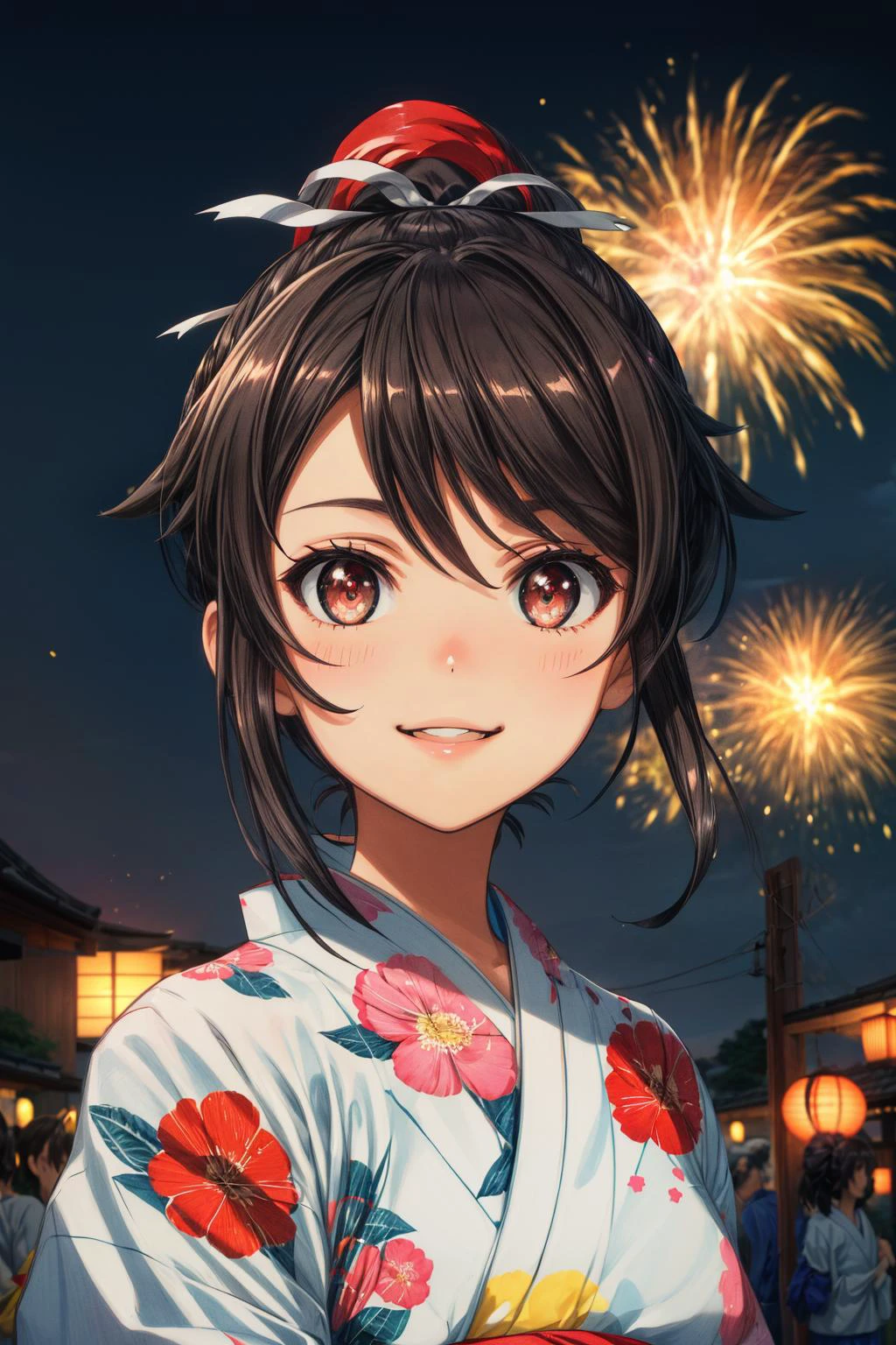 (masterpiece), best quality, (((ultra detailed, 8k quality))), expressive eyes, perfect face, perfect anatomy, perfect body, scene, <lora:scene_:0.7>, <lora:more_details:0.7>, <lora:beautiful_detailed_eyes:0.5>, <lora:GoodHands-beta2:0.7>, <lora:give_it_a_name:0.7>,
<lora:HighSchoolFleet_MunetaniMashiro_1:1>, MunetaniMashiro, 1girl, closed mouth, light smile, brown hair, red eyes, ponytail, hair ribbon, white ribbon, garden, flower field,
, smile, japanese clothes, floral print,, yukata,brown eyes, brown hair , smile ,parted lips, firework, japanese festival