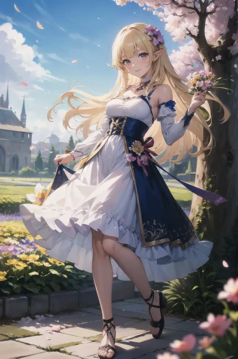 masterpiece, (best quality, ultra-detailed:1.6), (ultra high res:1.5),super fine ((anime)),(sharp focus), (insanely detailed:1.3),(detailed face),(perfect anatomy), delicate (cel animation), 1 cute girl,(cute face:1.1),perky and big breasts,sensually sexy body, pointy ears, blonde straight long hair, kindly smile,(spring, festival, (beautiful flowers blooming,flower petals:1.2), in fantasy world, gardenscape,blue sky, clear sky:1.3),full body,no holding,full body,outdoor,very cute ruffle dress, (Medium shot), close-up,(cute and lovely posing:1.2)