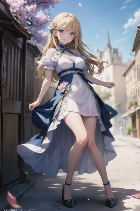 masterpiece, (best quality, ultra-detailed:1.6), (ultra high res:1.5),super fine ((anime)),(sharp focus), (insanely detailed:1.3),(detailed face),(perfect anatomy), delicate (cel animation), 1 cute girl,(cute face:1.1),perky and big breasts,sensually sexy body, pointy ears, blonde straight long hair, kindly smile,(spring, festival, (beautiful flowers blooming,flower petals:1.2), in fantasy world townscape,blue sky, clear sky:1.3),full body,no holding,full body,outdoor,pretty ruffle dress, (Medium shot), close-up,(cute and lovely posing:1.2)