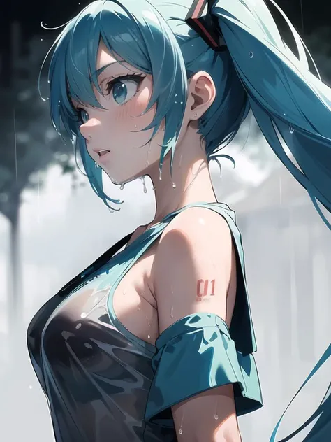 masterpiece, (best quality, ultra-detailed:1.6), (ultra high res:1.5),super fine ((anime)),(sharp focus), (insanely detailed:1.3),(detailed face),(perfect anatomy), delicate (cel animation), 1 cute girl,cute face,
hatsune miku,
from side,
rain, shorts, wet, (wet t-shirt:1.2), shivering, (upper body:1.1) (sideboobs:1.1),
01