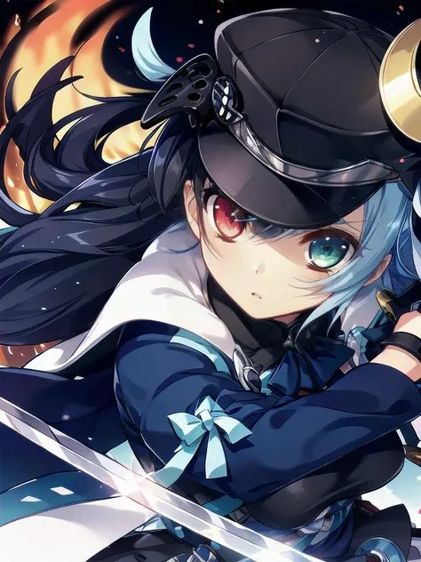 (masterpiece:1.1), <lora:tatsumi_v2:0.6>, (DTATSUMI:1.1), multicolored hair, heterochromia, glowing eyes, crescent, holding weapon, holding sword,