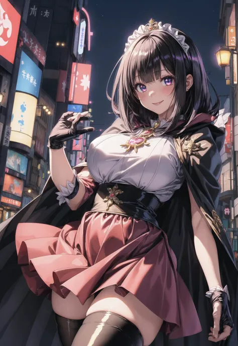 (8k, RAW photo, best quality, masterpiece, pixiv: 1.2),
(1milf, mage, magical girl, awe, brainwashed, blush, smile: 1.2),
breast, thigh, heart-shaped pupils,
(black hair, shiny hair, hair between eyes, blunt bangs: 1.2),
(black maid dress, long skirt, puff sleeve, cloak, long gloves, thigh high thights, pumps, jewely: 1.2), ((metalic satin)),
midtown, night, shibuya, shinjuku, tokyo, japan, <lora:flat2:-0.5> <lora:0263 Florence Dream_v1:0.5>