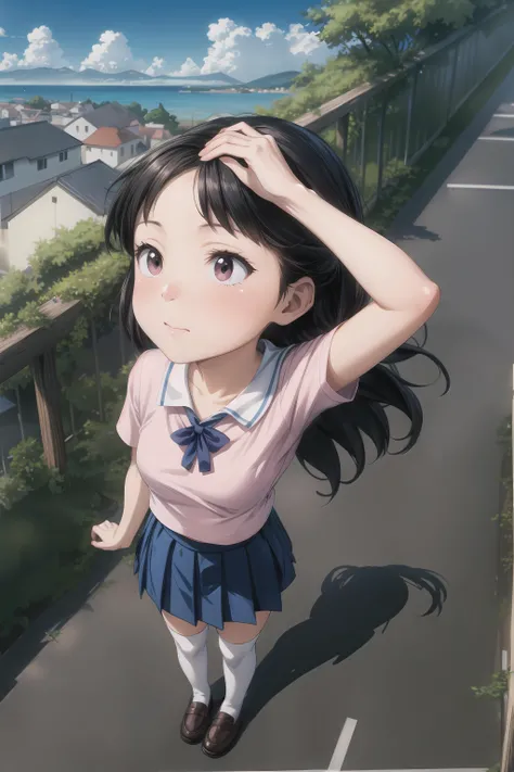 ((masterpiece, best quality)),ghibli style,cute,aime style,by makoto shinkai,from above,1 girl,serafuku,pink shirt,blue pleated skirt,white kneel high stocking,brown shoes,cityscape,japanese small town,sky,tree,wooden fence,ocean,tree,<lora:add_detail:0.2>,<lora:add_sharpness:0.3>,