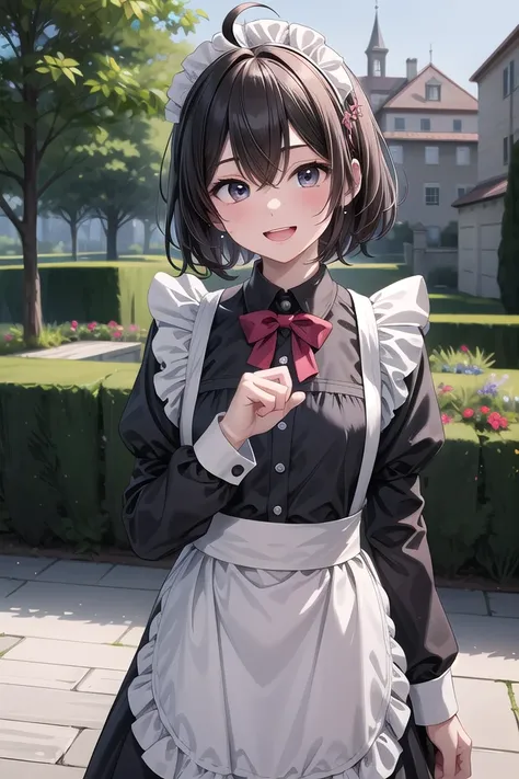 <lora:hyperdetailer_v095:0.4>
<lora:hyperrefiner_v090:0.6>
insanely detailed, absurdres, ultra-highres, ultra-detailed, best quality,
1girl, solo, nice hands, perfect hands
BREAK
(cleavage:-1.5),
(traditional maid:1.2),
apron, blush, bow, bowtie, frilled apron, frills, long sleeves, maid, maid apron, maid headdress, waist apron, white apron,
(maid costume, maid hair dress:1.3), long skirt
BREAK
happy smile, laugh, open mouth
BREAK
standing, cowboy shot, looking at viewer
BREAK
slender, kawaii, perfect symmetrical face, ultra cute girl, ultra cute face, ultra detailed eyes, ultra detailed hair, ultra cute, ultra beautiful
BREAK
fantasy world, garden of a castle, depth of field, ultra detailed background
BREAK
medium breasts
BREAK
black brown hair, black eyes, short bob cut, hair between eyes, (ahoge:1.3)