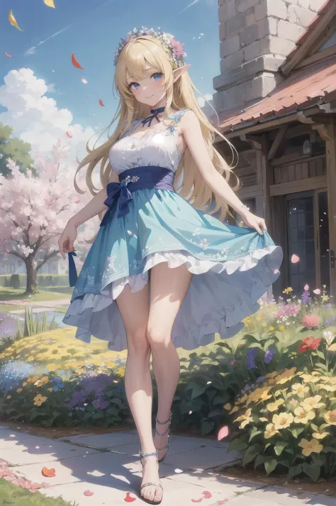 masterpiece, (best quality, ultra-detailed:1.6), (ultra high res:1.5),super fine ((anime)),(sharp focus,vivid colors:1.1), (insanely detailed:1.3),(detailed face),(perfect anatomy), delicate (cel animation),
1 cute girl,(cute face:1.1),perky and big breasts,sensually sexy body, pointy ears, blonde straight long hair, kindly smile,(spring, festival, (beautiful flowers blooming,flower petals:1.2), in fantasy world,detailed garden scape,blue sky, clear sky:1.3),full body,no holding,full body,outdoor,pretty ruffle dress, (Medium shot), close-up,(cute and lovely posing:1.2)