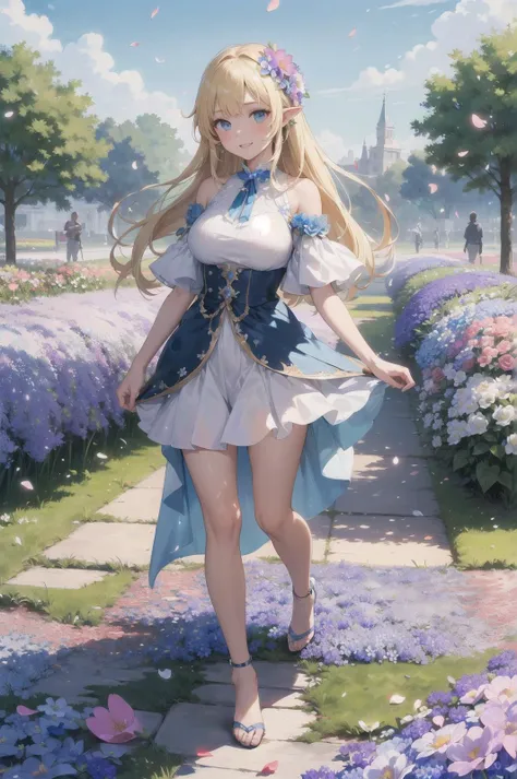 masterpiece, (best quality, ultra-detailed:1.6), (ultra high res:1.5),super fine ((anime)),(sharp focus,vivid colors:1.2), (insanely detailed:1.3),(detailed face),(perfect anatomy), delicate (cel animation),
1 cute girl,(cute face:1.1),perky and big breasts,sensually sexy body, pointy ears, blonde straight long hair, kindly smile,(spring, festival, (beautiful flowers blooming,flower petals:1.2), in fantasy world,detailed garden scape,blue sky, clear sky:1.3),full body,no holding,full body,outdoor,pretty ruffle dress, (Medium shot), close-up,(cute and lovely posing:1.2)