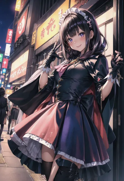 (8k, RAW photo, best quality, masterpiece, pixiv: 1.2),
(1milf, mage, magical girl, awe, brainwashed, blush, smile: 1.2),
breast, thigh, heart-shaped pupils,
(black hair, shiny hair, hair between eyes, blunt bangs: 1.2),
(black maid dress, long skirt, puff sleeve, cloak, long gloves, thigh high thights, pumps, jewely: 1.2), ((metalic satin)),
midtown, night, shibuya, shinjuku, tokyo, japan, <lora:flat2:-0.5> <lora:0263 Florence Dream_v1:0.5>