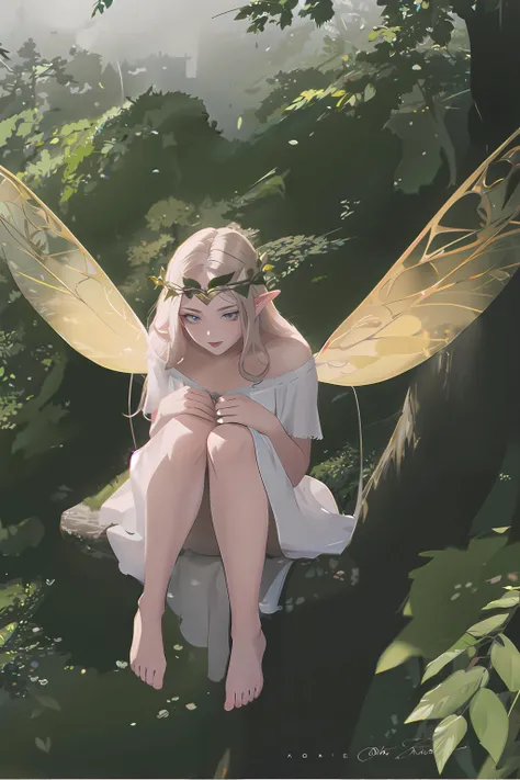 ((masterpiece, best quality)),1 girl elf,fairy wings,tree branch,white silk dress,wearing elf crown,breizhtrees,in jungle,sitting on tree,misty lake,from above,<lora:papyloop-forest-breizhtrees:1>,<lora:celtic_crown-01:1>,