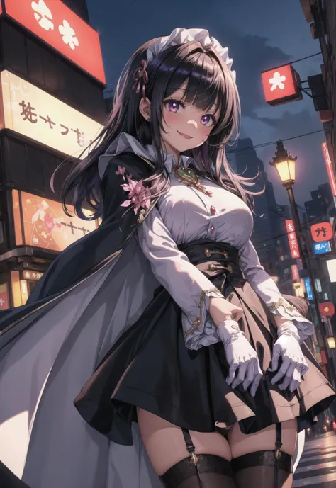 (8k, RAW photo, best quality, masterpiece, pixiv: 1.2),
(1milf, mage, magical girl, awe, brainwashed, blush, smile: 1.2),
breast, thigh, heart-shaped pupils,
(black hair, shiny hair, hair between eyes, blunt bangs: 1.2),
(black maid dress, long skirt, puff sleeve, cloak, long gloves, thigh high thights, pumps, jewely: 1.2), ((metalic satin)),
midtown, night, shibuya, shinjuku, tokyo, japan, <lora:flat2:-0.5> <lora:0263 Florence Dream_v1:0.5>