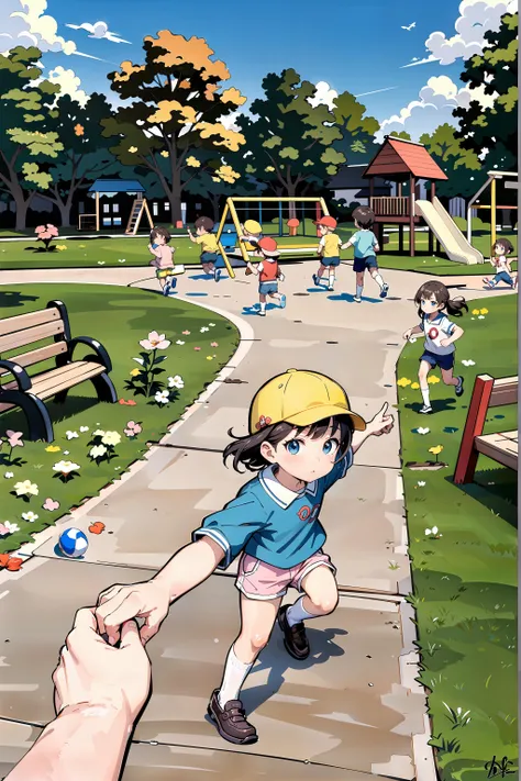 in a children playground,the swing,slider,teeter-totter,(many children playing AND running:1.3),bench,flowers on the side,flower pots,anime style,side view,looking at viewer,1 pov hand,1 ,(:^),pouting,pulling,1 hand grabbing pov hand,1 hand pointing forward,yellow hat,blue kindergarten unifrts,white socks,brown shoes,