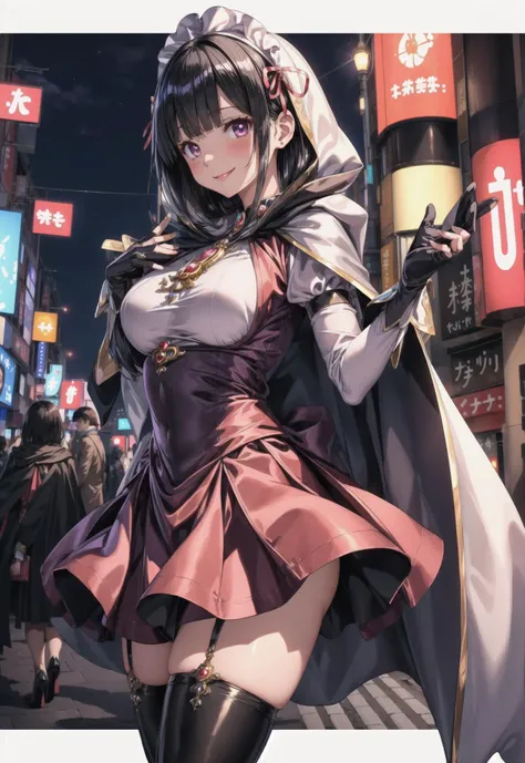 (8k, RAW photo, best quality, masterpiece, pixiv: 1.2),
(1milf, mage, magical girl, awe, brainwashed, blush, smile: 1.2),
breast, thigh, heart-shaped pupils,
(black hair, shiny hair, hair between eyes, blunt bangs: 1.2),
(black maid dress, long skirt, puff sleeve, cloak, long gloves, thigh high thights, pumps, jewely: 1.2), ((metalic satin)),
midtown, night, shibuya, shinjuku, tokyo, japan, <lora:flat2:-0.5> <lora:0263 Florence Dream_v1:0.5>