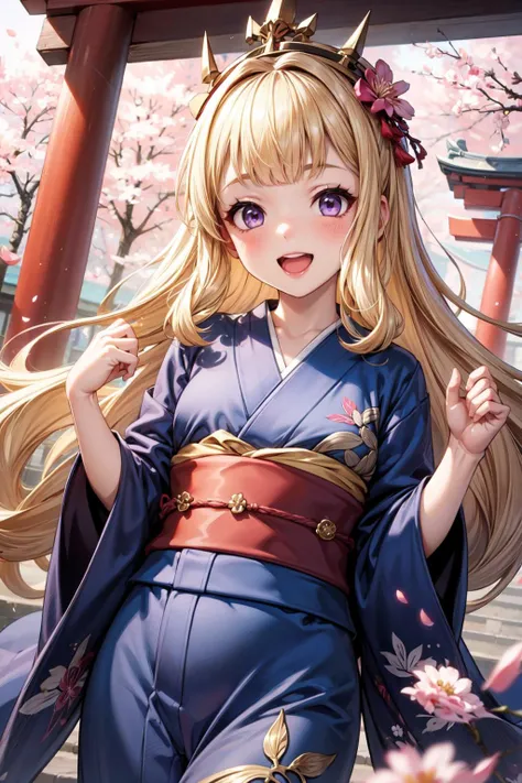 masterpiece,best quality,1girl,Cagliostro,long hair,blonde hair,purple eyes,eyelashes,crown,yukata,kimono,obi,print kimono,japanese clothes,hair flower,cherry blossoms,petals,smile,open mouth,(half-closed eyes:0.9),torii,shrine,east asian architecture,dutch angle,<lora:Concept-control tool-add_detail-CyberAIchemist:0.8>,<lora:CagliostroLORA:0.9>,