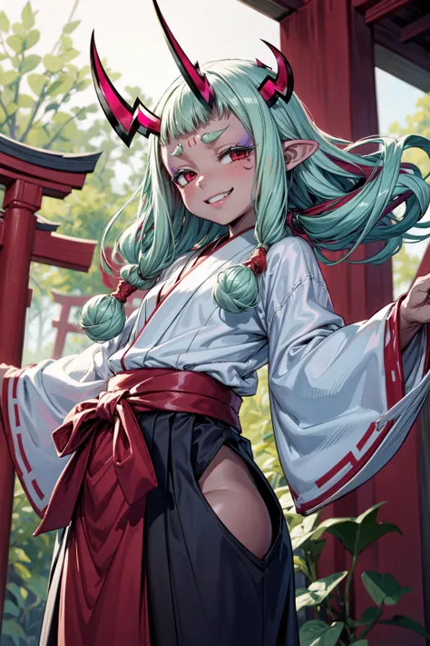 masterpiece,best quality,1girl,(solo),ibuki douji \(fate\),flat chest,dark skin,grey skin,colored skin,short hair,multicolored hair,aqua hair,pink hair,sidelocks,red eyes,pointy ears,makeup,eyeliner,thick eyebrows,forehead mark,oni,horns,(miko,japanese clothes,red hakama,wide sleeves,white kimono,ribbon trim,hakama skirt),light smile,(half-closed eyes:0.9),spread arms,shrine,torii,east asian architecture,<lora:Concept-control tool-add_detail-CyberAIchemist:0.8>,<lora:ibukidouji1:0.7>,